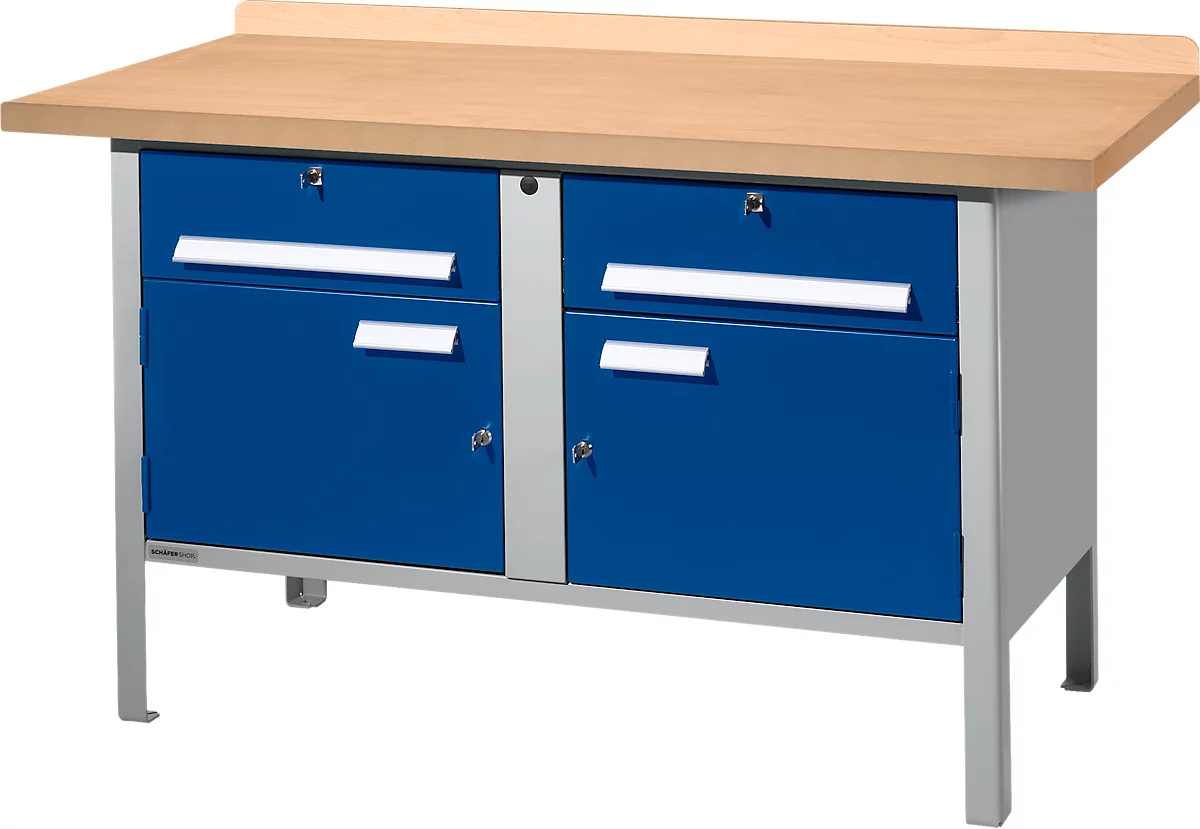 Banco de trabajo tipo caja Schäfer Shop Select PWi 150-0, tablero de fibra de densidad media (MDF), hasta 750 kg, An 1500 x Pr 680 x Al 838 mm, azul genciana