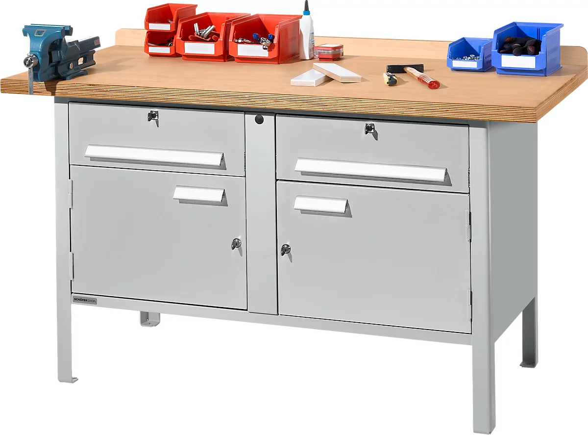 Banco de trabajo tipo caja Schäfer Shop Select PWi 150-0, tablero multiplex de haya, hasta 750 kg, An 1500 x Pr 700 x Al 840 mm, aluminio blanco