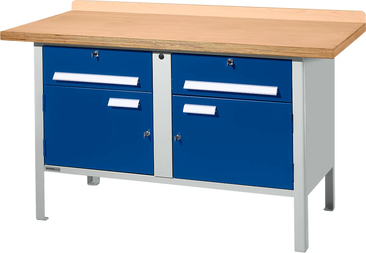 Banco de trabajo tipo caja Schäfer Shop Select PWi 150-0, tablero multiplex de haya, hasta 750 kg, An 1500 x Pr 700 x Al 840 mm, azul genciana