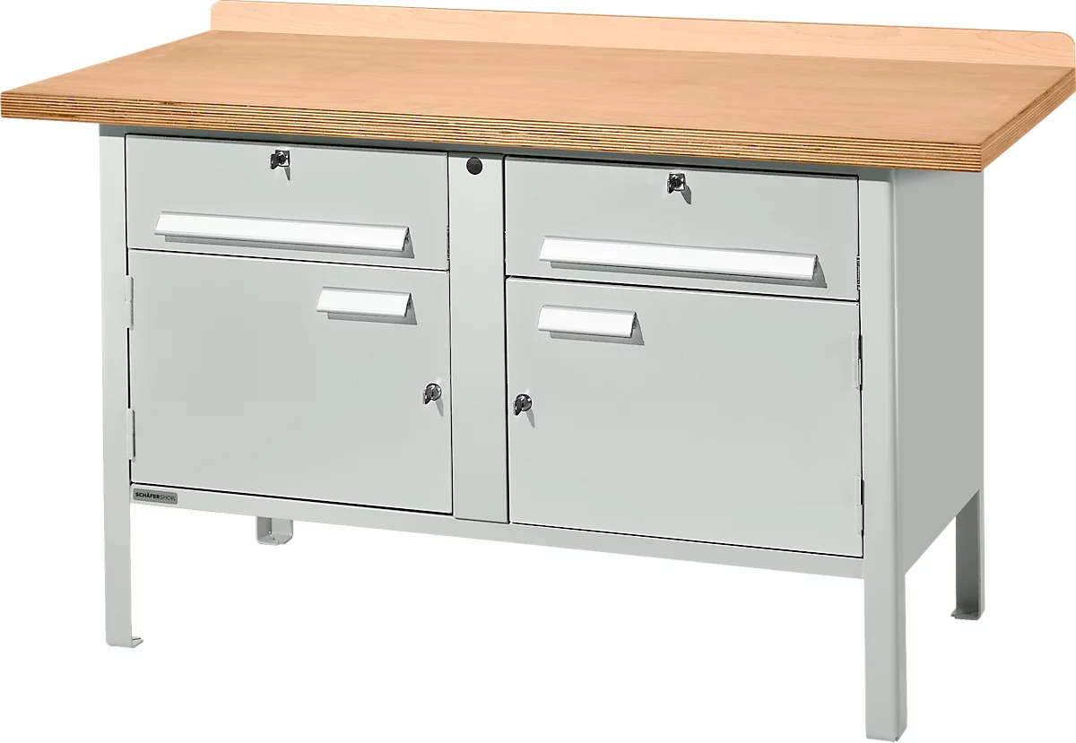 Banco de trabajo tipo caja Schäfer Shop Select PWi 150-0, tablero multiplex de haya, hasta 750 kg, An 1500 x Pr 700 x Al 840 mm, gris claro