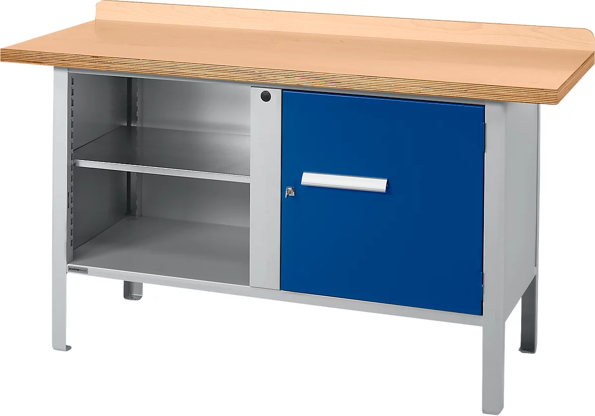 Banco de trabajo tipo caja Schäfer Shop Select PWi 150-1, tablero multiplex de haya, hasta 750 kg, An 1500 x Pr 700 x Al 840 mm, azul genciana