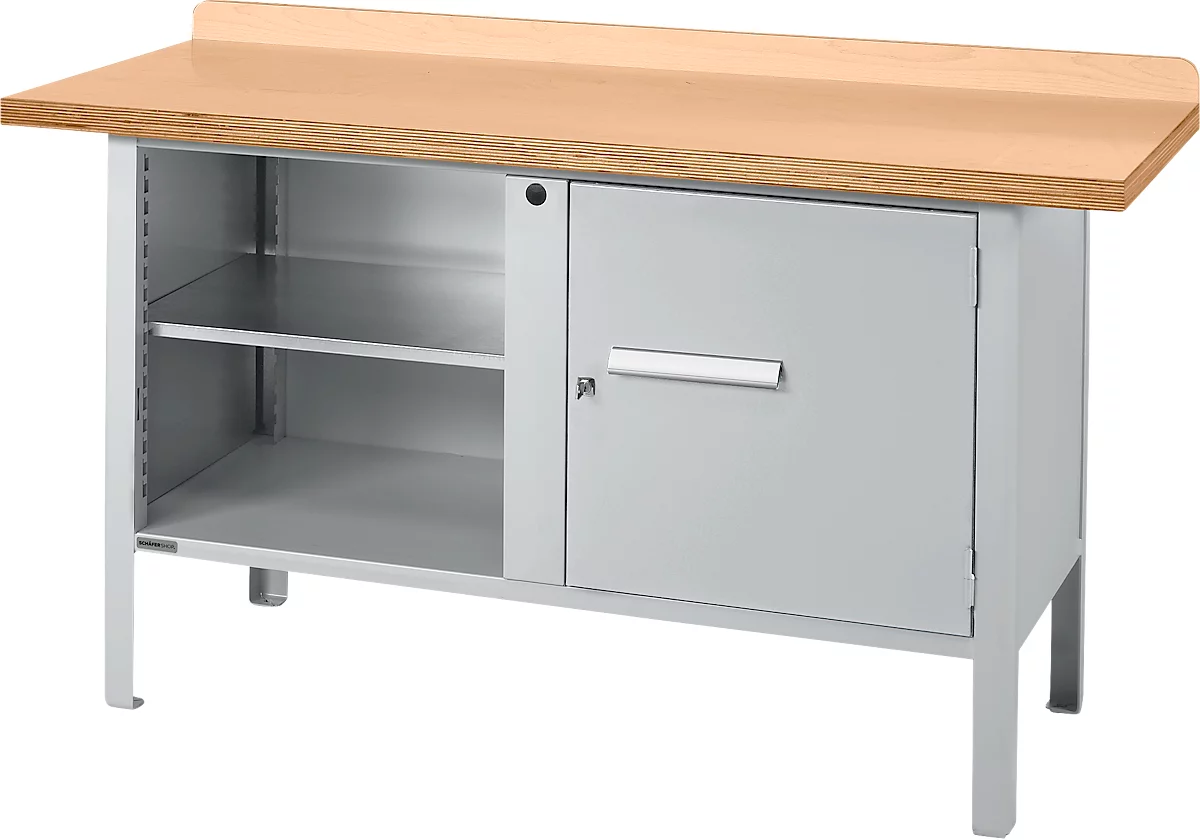 Banco de trabajo tipo caja Schäfer Shop Select PWi 150-1, tablero multiplex de haya, hasta 750 kg, ancho 1500 x fondo 700 x alto 840 mm, aluminio blanco
