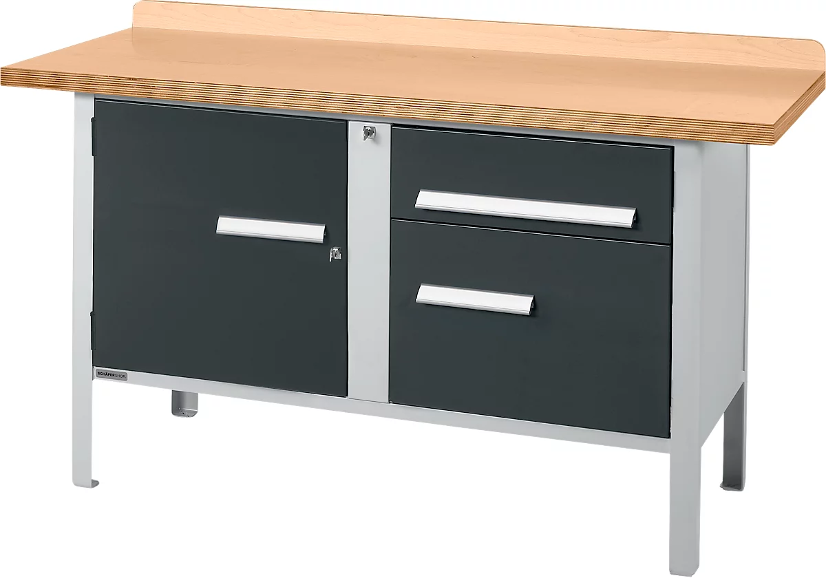 Banco de trabajo tipo caja Schäfer Shop Select PWi 150-3, tablero multiplex de haya, hasta 750 kg, An 1500 x Pr 700 x Al 840 mm, antracita