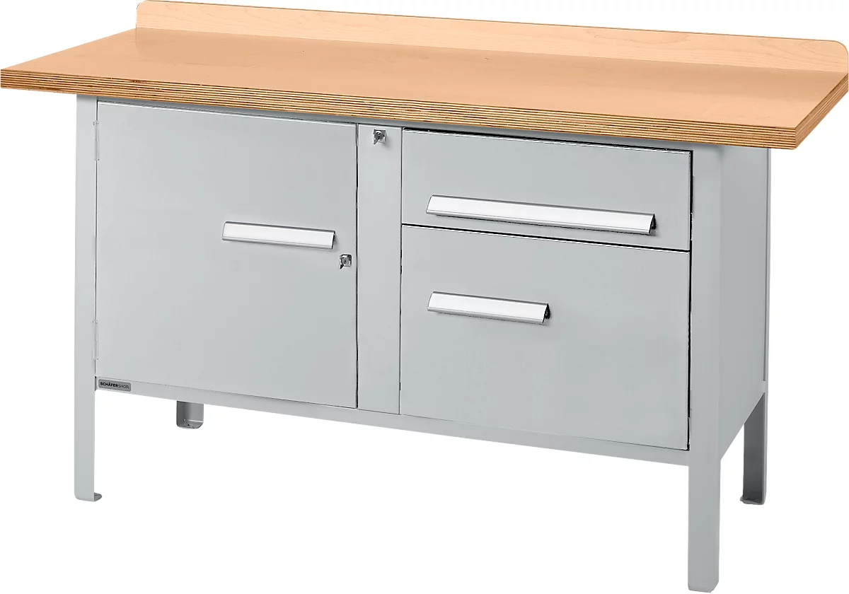 Banco de trabajo tipo caja Schäfer Shop Select PWi 150-3, tablero multiplex de haya, hasta 750 kg, ancho 1500 x fondo 700 x alto 840 mm, aluminio blanco
