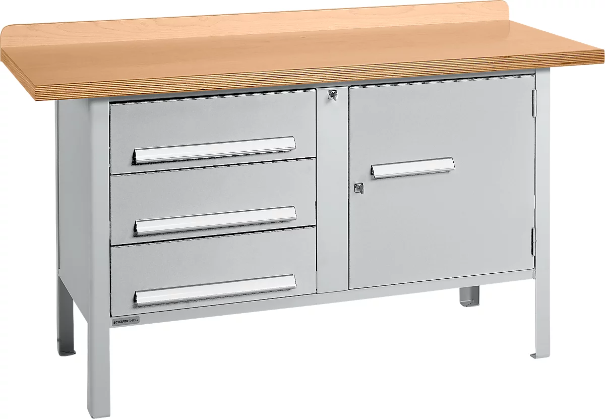 Banco de trabajo tipo caja Schäfer Shop Select PWi 150-4, tablero multiplex de haya, hasta 750 kg, An 1500 x Pr 700 x Al 840 mm, aluminio blanco