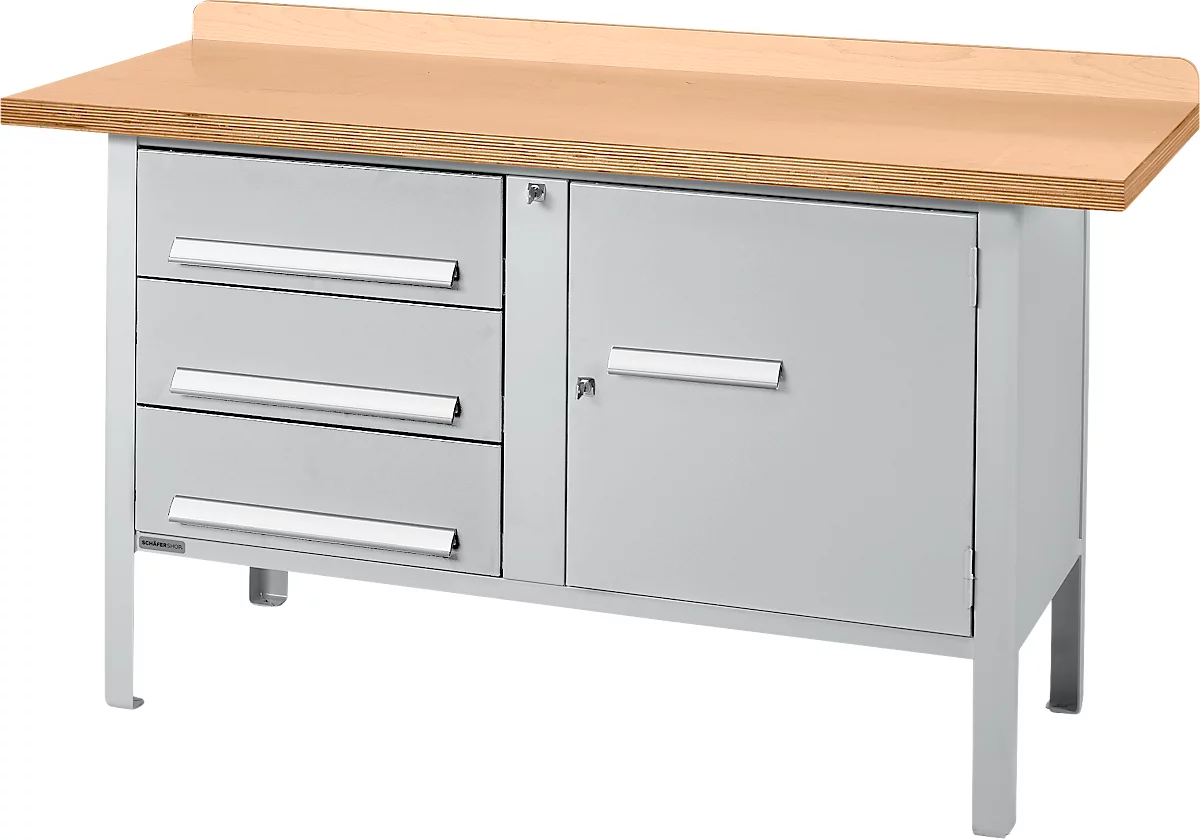 Banco de trabajo tipo caja Schäfer Shop Select PWi 150-4, tablero multiplex de haya, hasta 750 kg, An 1500 x Pr 700 x Al 840 mm, aluminio blanco