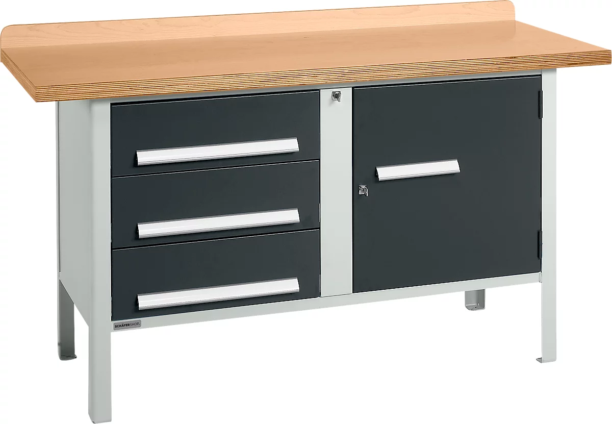 Banco de trabajo tipo caja Schäfer Shop Select PWi 150-4, tablero multiplex de haya, hasta 750 kg, An 1500 x Pr 700 x Al 840 mm, antracita