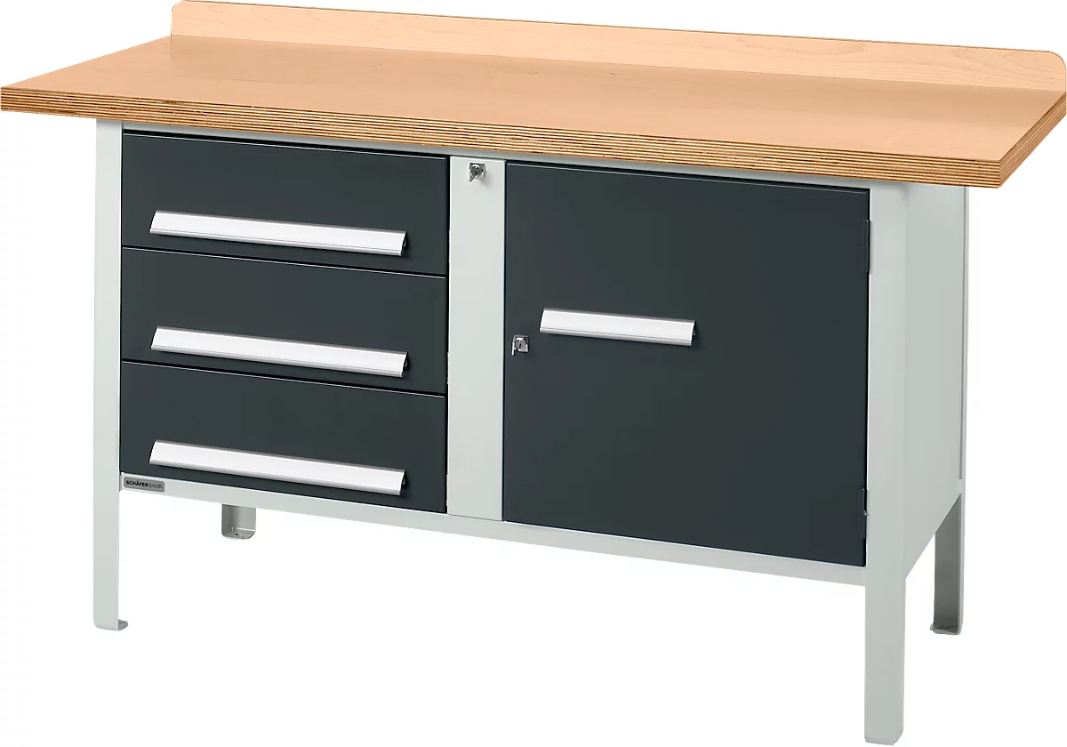 Banco de trabajo tipo caja Schäfer Shop Select PWi 150-4, tablero multiplex de haya, hasta 750 kg, An 1500 x Pr 700 x Al 840 mm, antracita