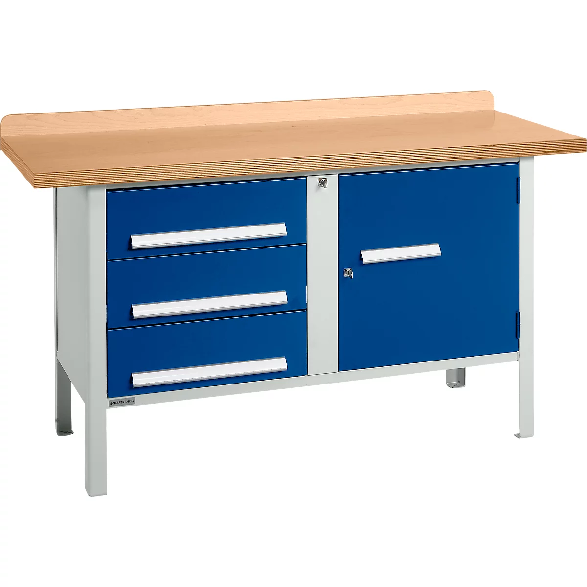 Banco de trabajo tipo caja Schäfer Shop Select PWi 150-4, tablero multiplex de haya, hasta 750 kg, An 1500 x Pr 700 x Al 840 mm, azul genciana