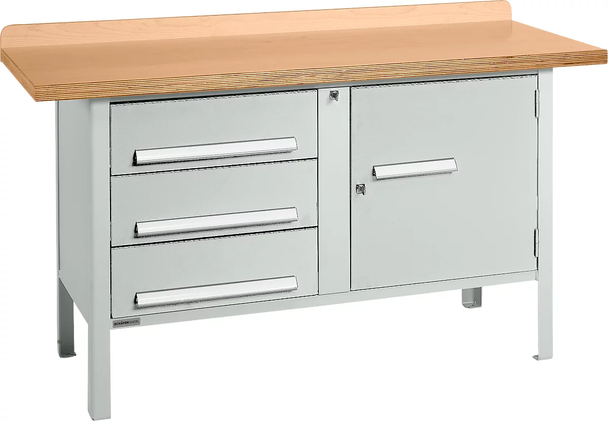 Banco de trabajo tipo caja Schäfer Shop Select PWi 150-4, tablero multiplex de haya, hasta 750 kg, An 1500 x Pr 700 x Al 840 mm, gris claro