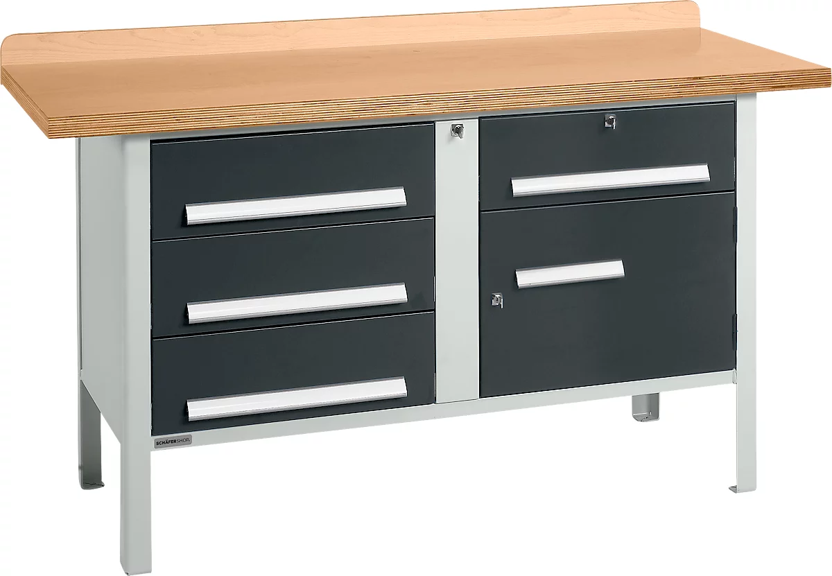 Banco de trabajo tipo caja Schäfer Shop Select PWi 150-5, tablero multiplex de haya, hasta 750 kg, An 1500 x Pr 700 x Al 840 mm, antracita