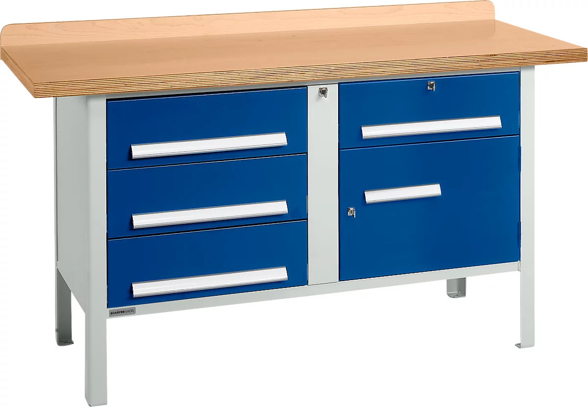 Banco de trabajo tipo caja Schäfer Shop Select PWi 150-5, tablero multiplex de haya, hasta 750 kg, An 1500 x Pr 700 x Al 840 mm, azul genciana