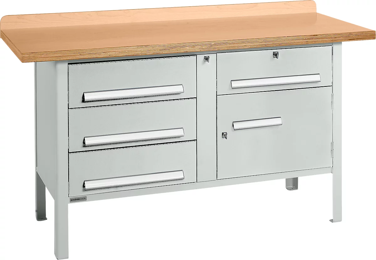 Banco de trabajo tipo caja Schäfer Shop Select PWi 150-5, tablero multiplex de haya, hasta 750 kg, An 1500 x Pr 700 x Al 840 mm, gris claro