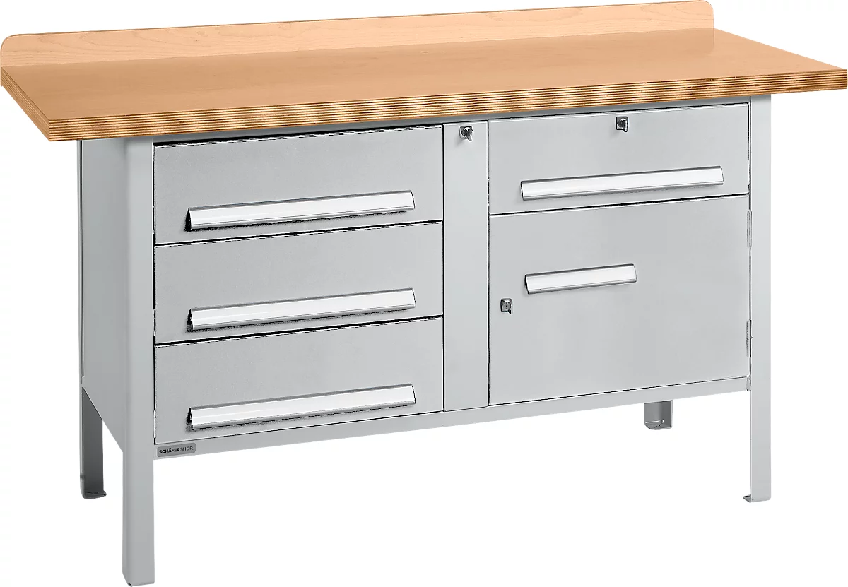 Banco de trabajo tipo caja Schäfer Shop Select PWi 150-5, tablero multiplex de haya, hasta 750 kg, ancho 1500 x fondo 700 x alto 840 mm, aluminio blanco