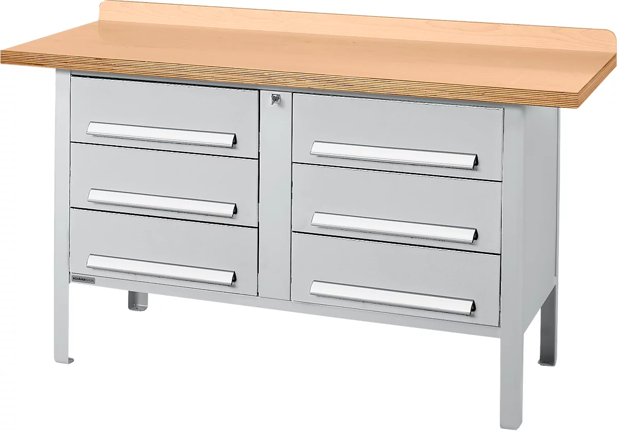Banco de trabajo tipo caja Schäfer Shop Select PWi 150-6, tablero multiplex de haya, hasta 750 kg, An 1500 x Pr 700 x Al 840 mm, aluminio blanco