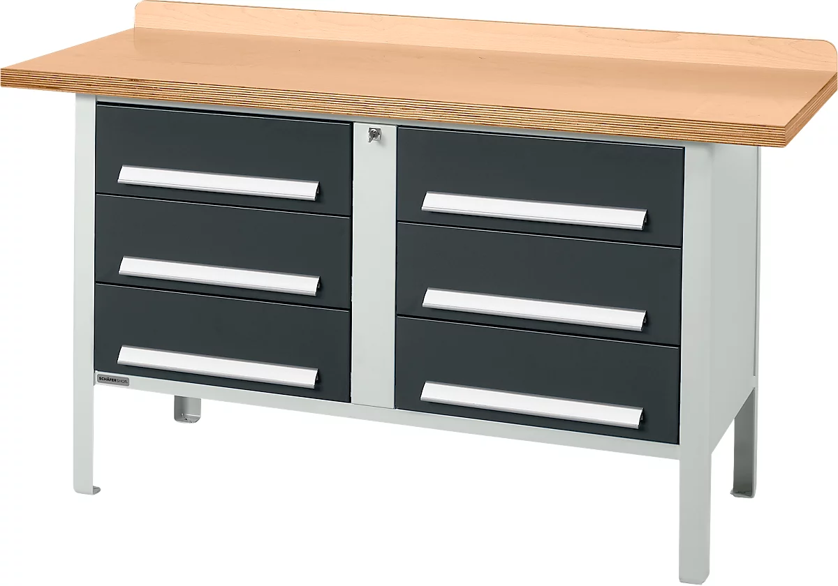 Banco de trabajo tipo caja Schäfer Shop Select PWi 150-6, tablero multiplex de haya, hasta 750 kg, An 1500 x Pr 700 x Al 840 mm, antracita