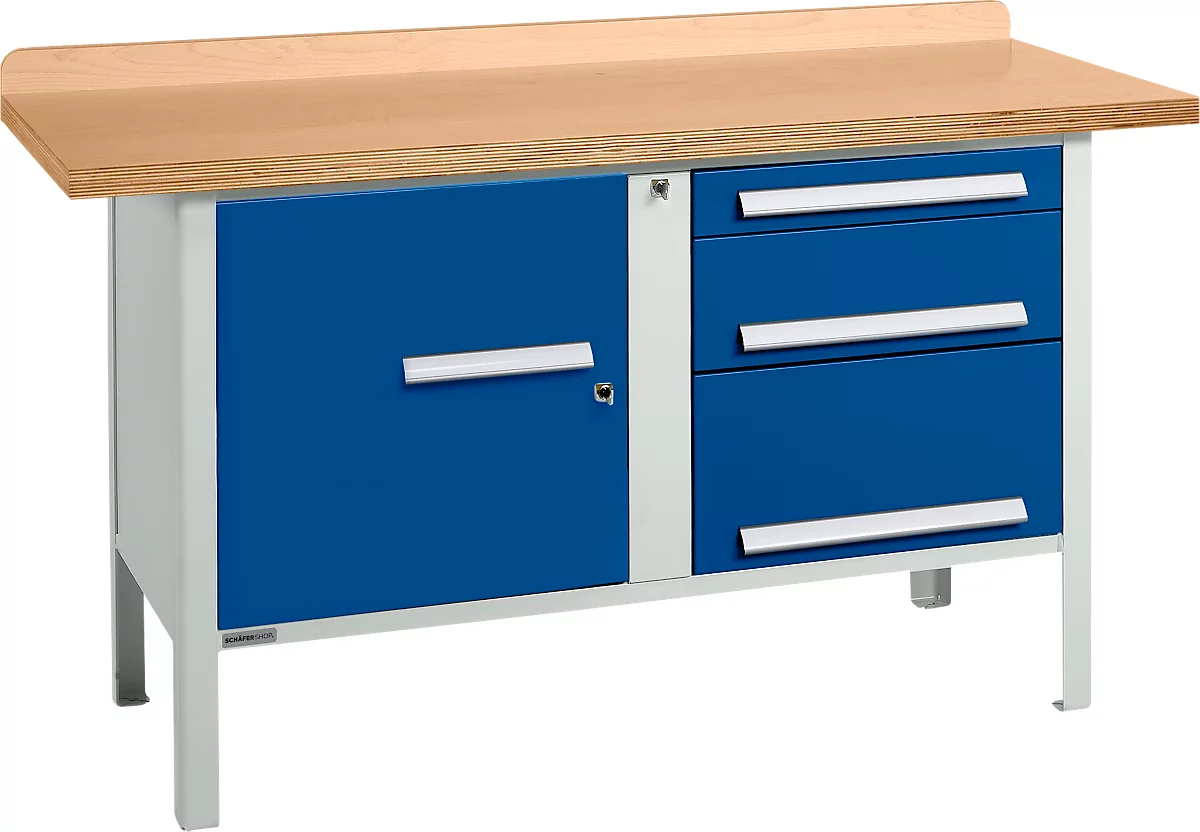 Banco de trabajo tipo caja Schäfer Shop Select PWi 150-6, tablero multiplex de haya, hasta 750 kg, An 1500 x Pr 700 x Al 840 mm, azul genciana