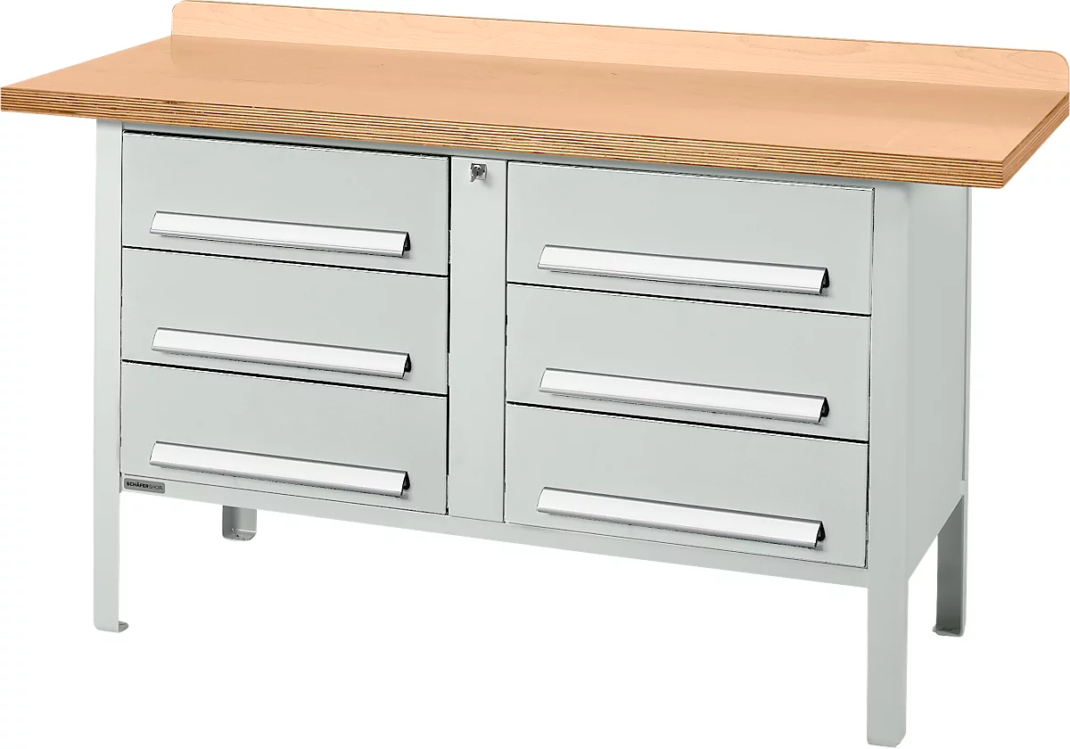Banco de trabajo tipo caja Schäfer Shop Select PWi 150-6, tablero multiplex de haya, hasta 750 kg, An 1500 x Pr 700 x Al 840 mm, gris claro