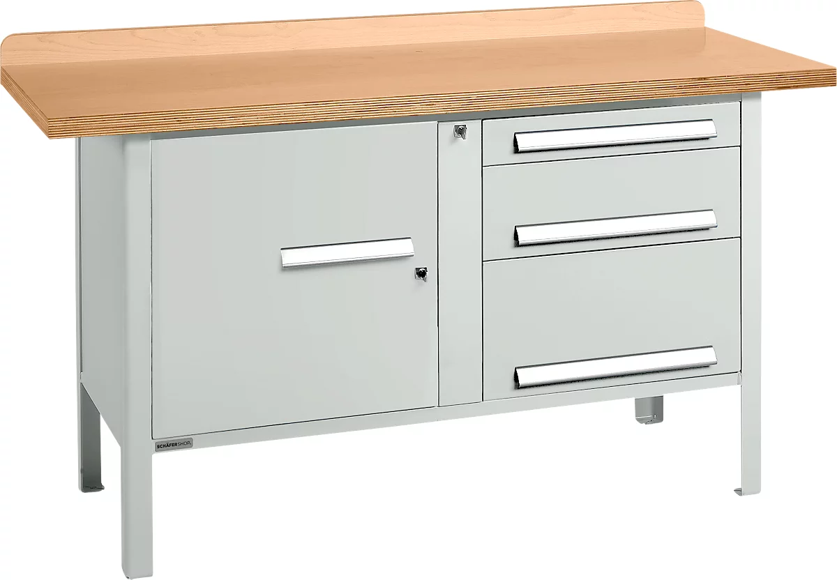 Banco de trabajo tipo caja Schäfer Shop Select PWi 150-7, tablero multiplex de haya, hasta 750 kg, An 1500 x Pr 700 x Al 840 mm, gris claro