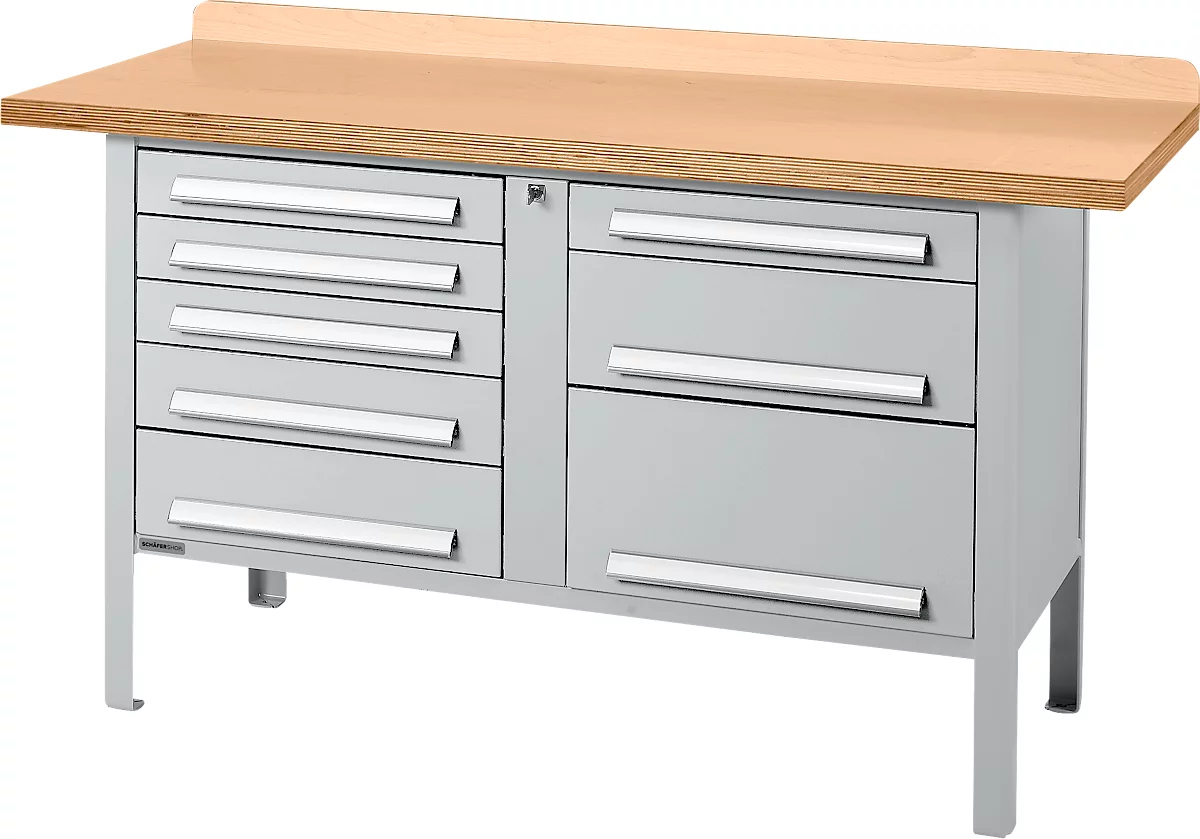 Banco de trabajo tipo caja Schäfer Shop Select PWi 150-8, tablero multiplex de haya, hasta 750 kg, An 1500 x Pr 700 x Al 840 mm, aluminio blanco
