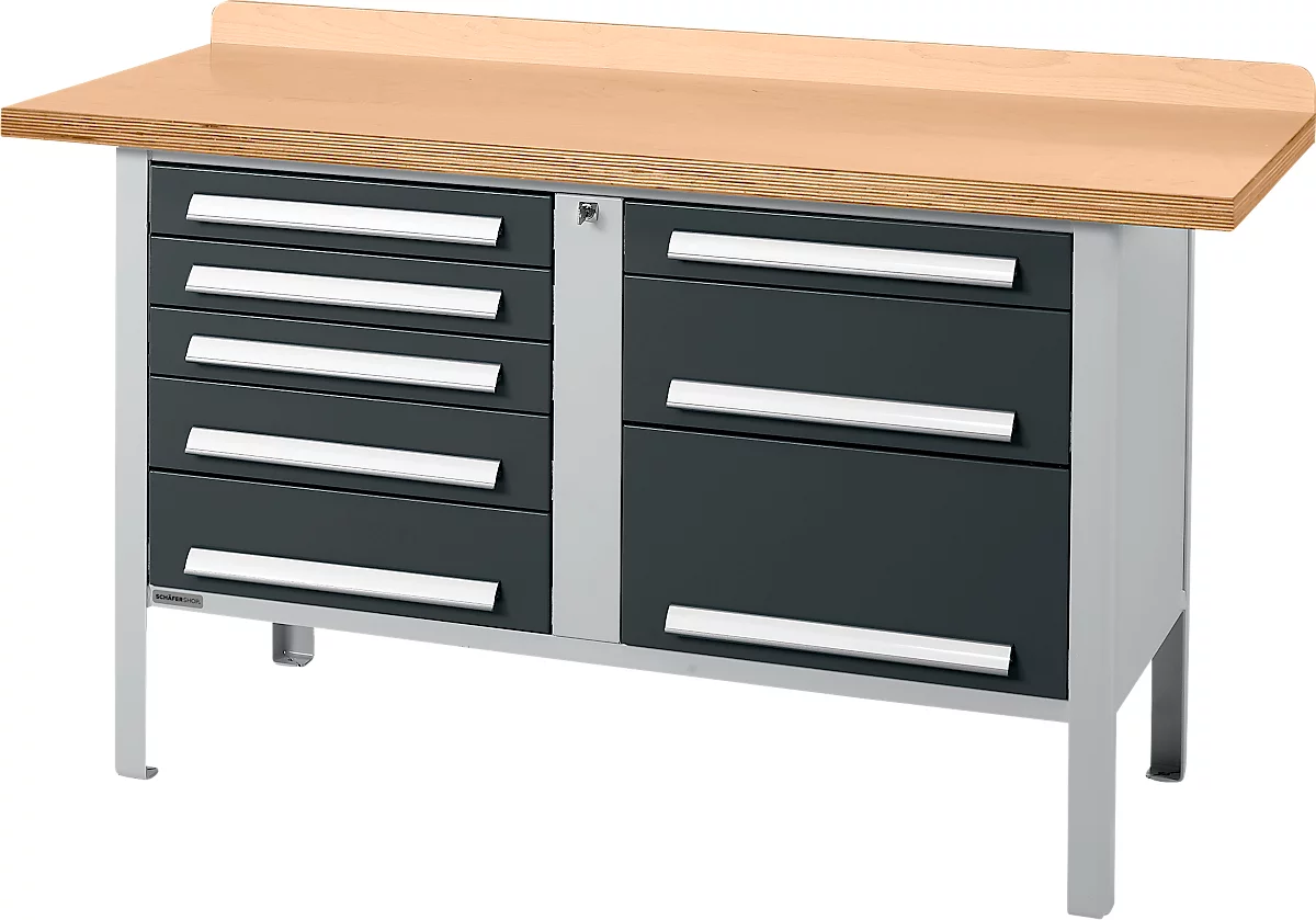 Banco de trabajo tipo caja Schäfer Shop Select PWi 150-8, tablero multiplex de haya, hasta 750 kg, An 1500 x Pr 700 x Al 840 mm, antracita