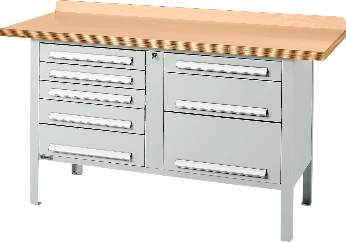 Banco de trabajo tipo caja Schäfer Shop Select PWi 150-8, tablero multiplex de haya, hasta 750 kg, An 1500 x Pr 700 x Al 840 mm, gris claro