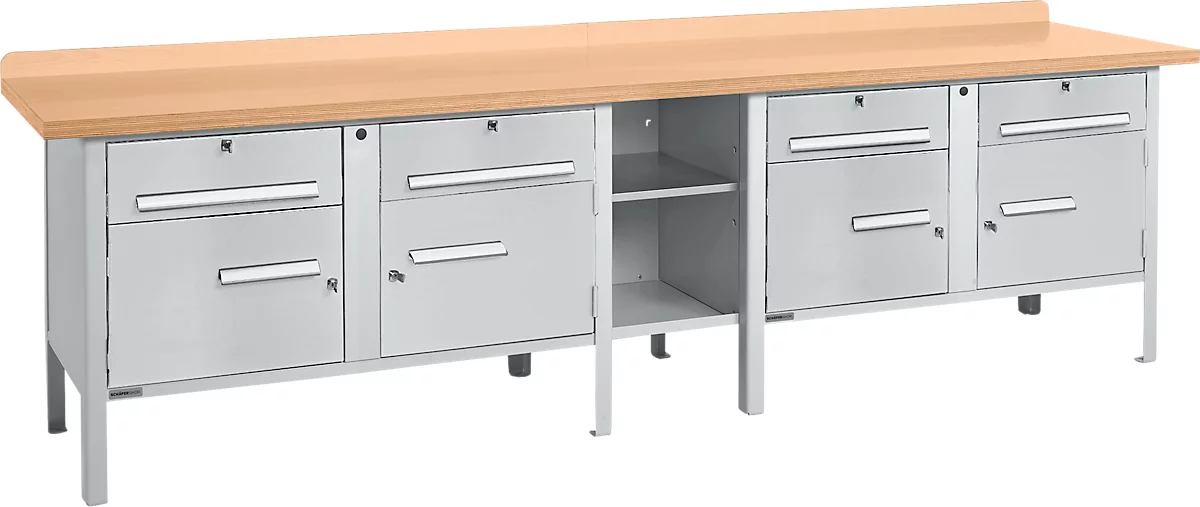 Banco de trabajo tipo caja Schäfer Shop Select PWi 300-0, tablero multiplex de haya, hasta 750 kg, An 3000 x Pr 700 x Al 840 mm, aluminio blanco