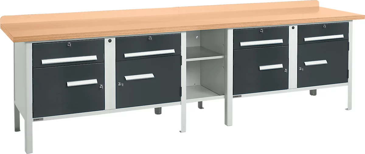 Banco de trabajo tipo caja Schäfer Shop Select PWi 300-0, tablero multiplex de haya, hasta 750 kg, An 3000 x Pr 700 x Al 840 mm, antracita