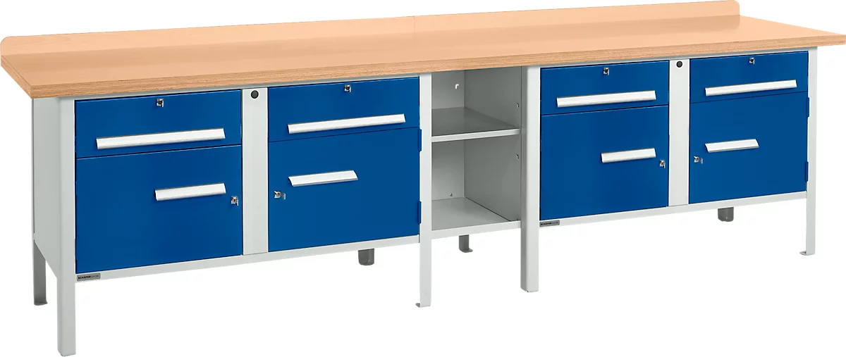 Banco de trabajo tipo caja Schäfer Shop Select PWi 300-0, tablero multiplex de haya, hasta 750 kg, An 3000 x Pr 700 x Al 840 mm, azul genciana