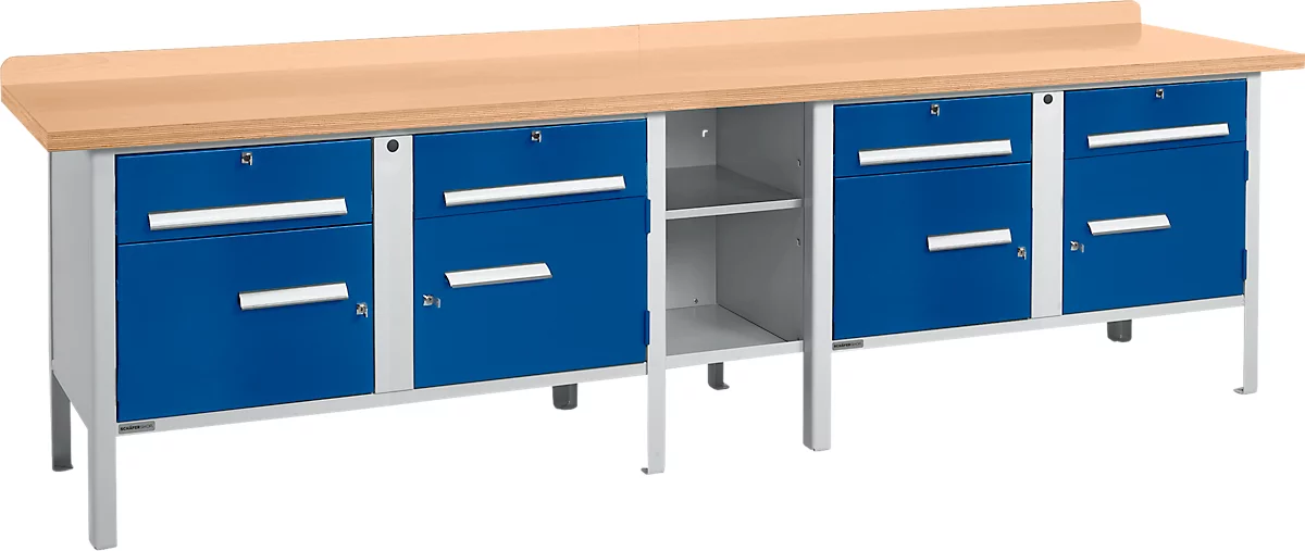 Banco de trabajo tipo caja Schäfer Shop Select PWi 300-0, tablero multiplex de haya, hasta 750 kg, An 3000 x Pr 700 x Al 840 mm, azul genciana
