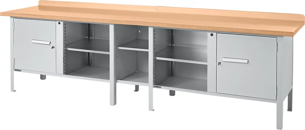 Banco de trabajo tipo caja Schäfer Shop Select PWi 300-1, tablero multiplex de haya, hasta 750 kg, An 3000 x Pr 700 x Al 840 mm, aluminio blanco