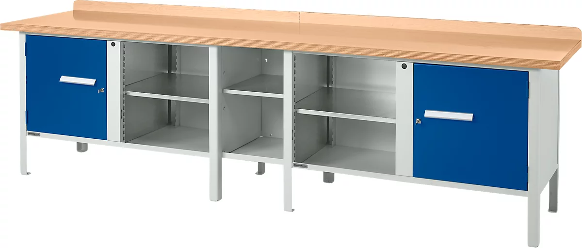 Banco de trabajo tipo caja Schäfer Shop Select PWi 300-1, tablero multiplex de haya, hasta 750 kg, An 3000 x Pr 700 x Al 840 mm, azul genciana