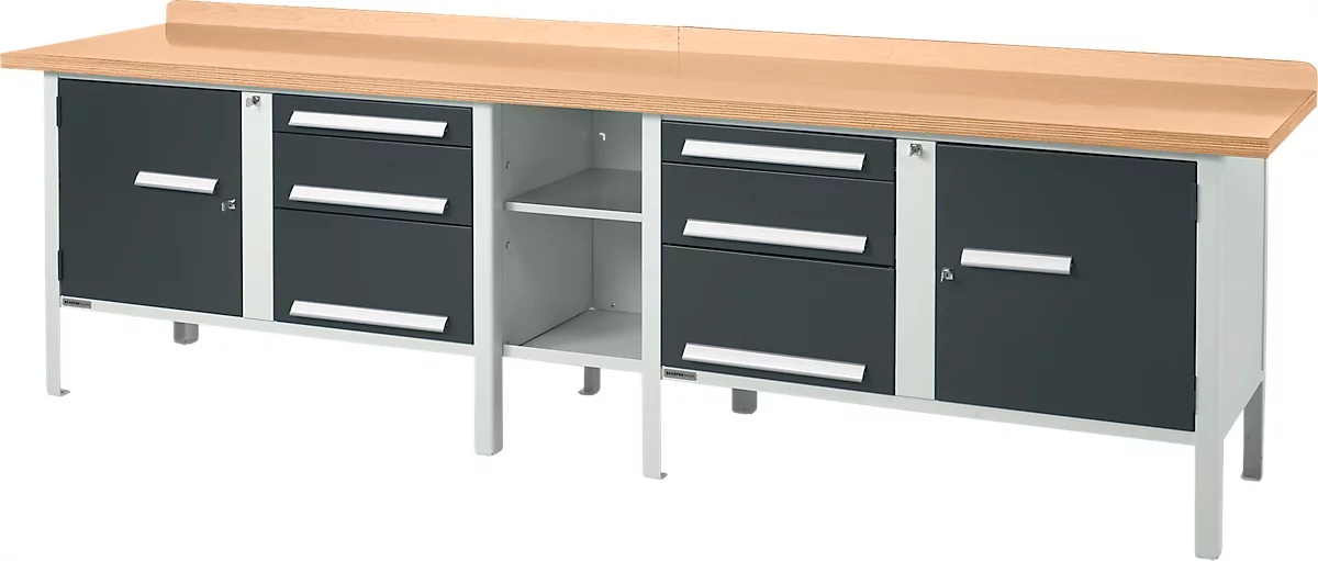 Banco de trabajo tipo caja Schäfer Shop Select PWi 300-2, tablero multiplex de haya, hasta 750 kg, An 3000 x Pr 700 x Al 840 mm, antracita