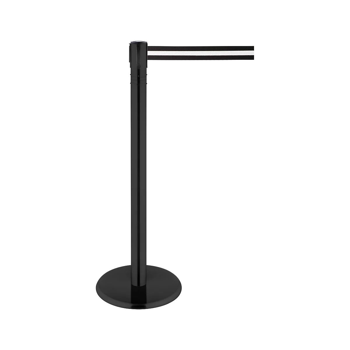 Black stanchion with retractable webbing. The post has a round base, a narrow body, and a belt with a white line.