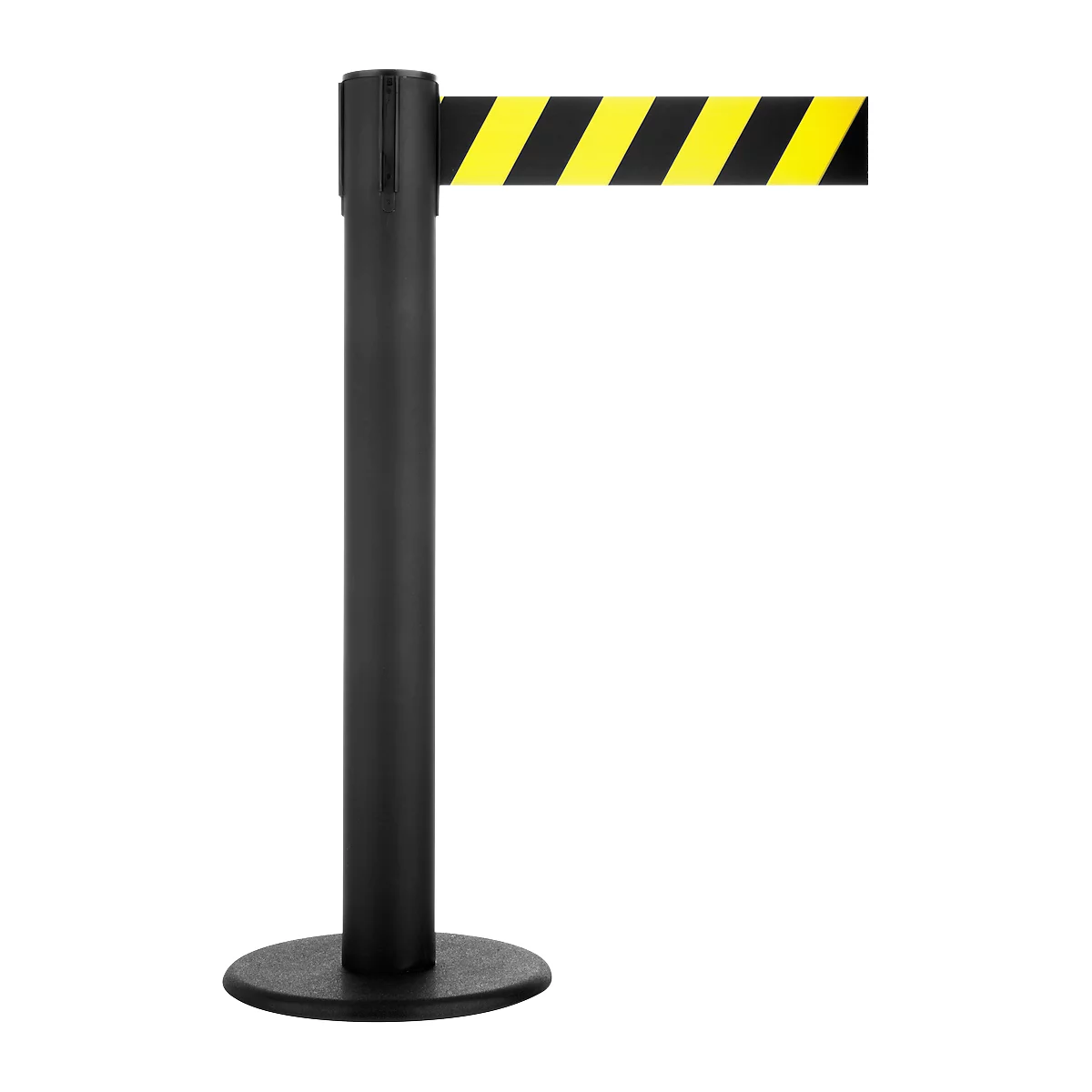 Black stanchion with yellow and black striped retractable belt.