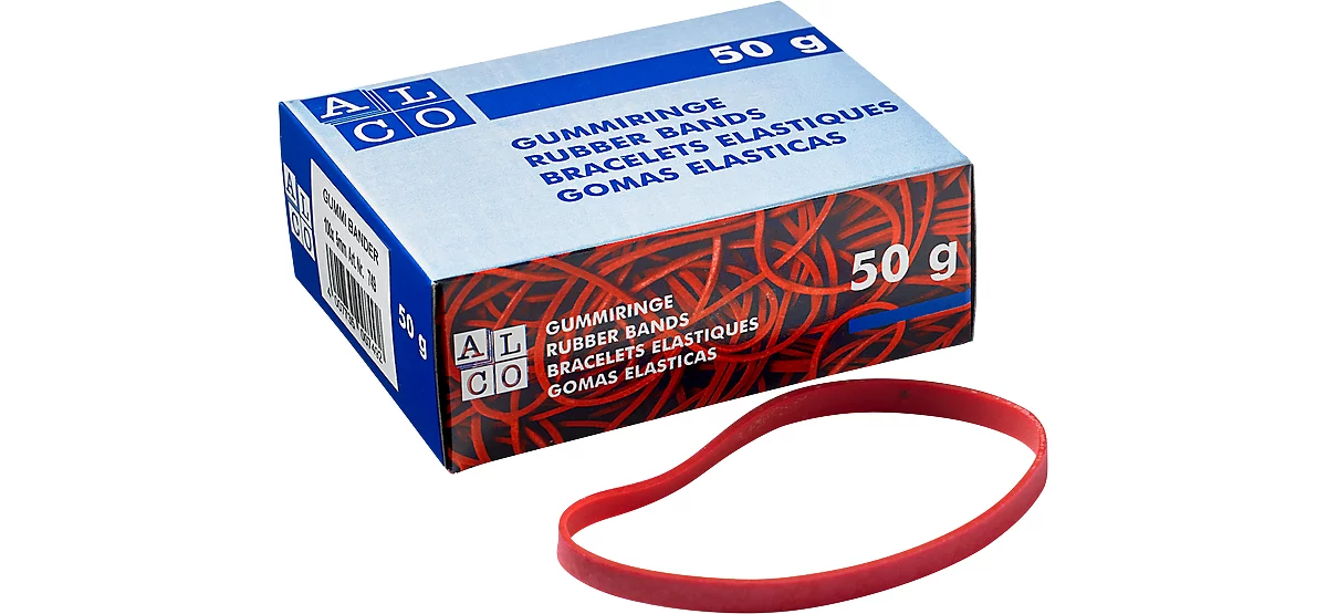 Bandas de goma, rojo, 100 x 5 mm, 50 g