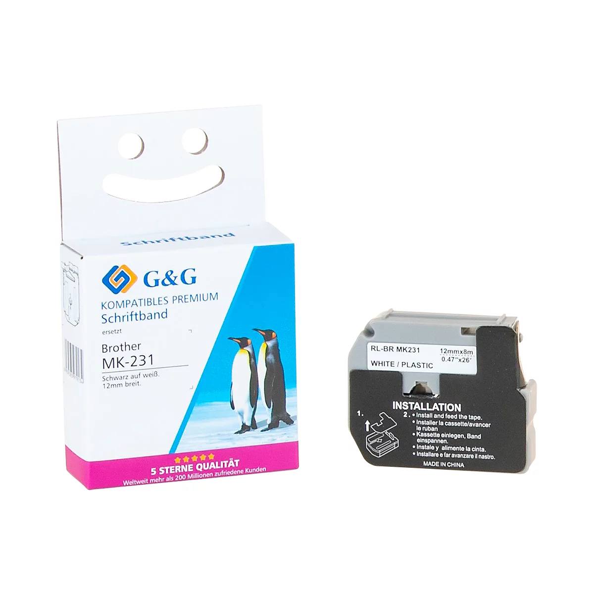 Deux cassettes d'étiquettes : une emballée dans une boîte avec des pingouins, une autre en vrac avec étiquetage.