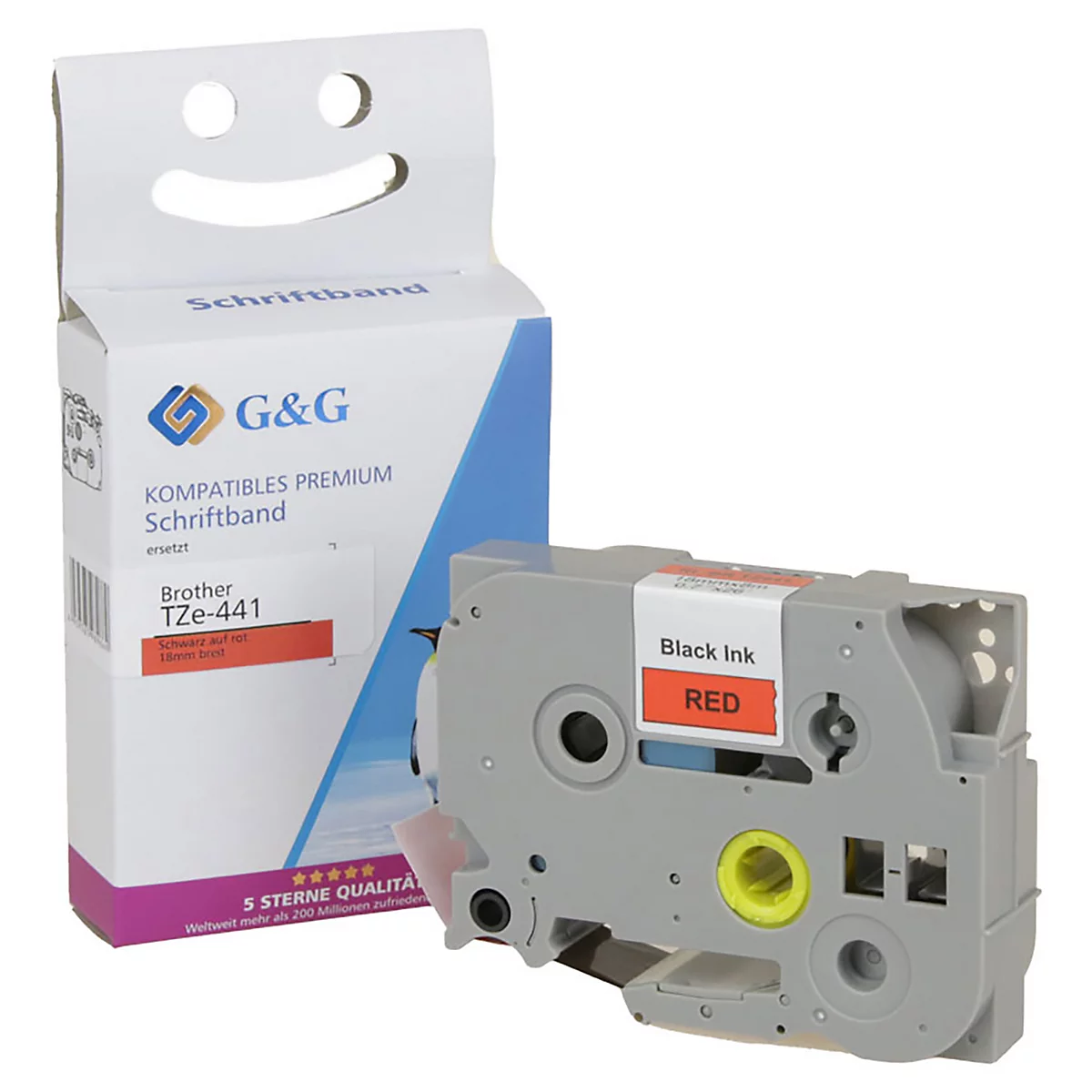 Ruban d'étiquetage et emballage. Sur le ruban, on peut lire "Black Ink Red". L'emballage affiche le logo "G&G".