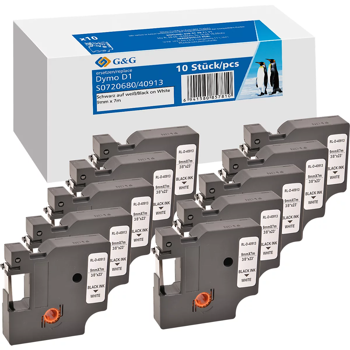 Bande d'écriture G&amp;G, compatible avec Dymo D1/40913, 10 pcs, amovible, L 9 x L 7000 mm, blanc