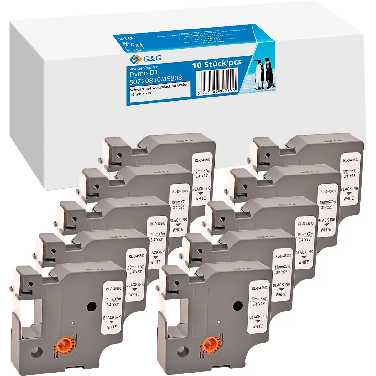 Bande d'écriture G&amp;G, compatible avec Dymo D1/45803/S0720830/2093098, 10 pcs, amovible, L 19 x L 7000 mm, blanc