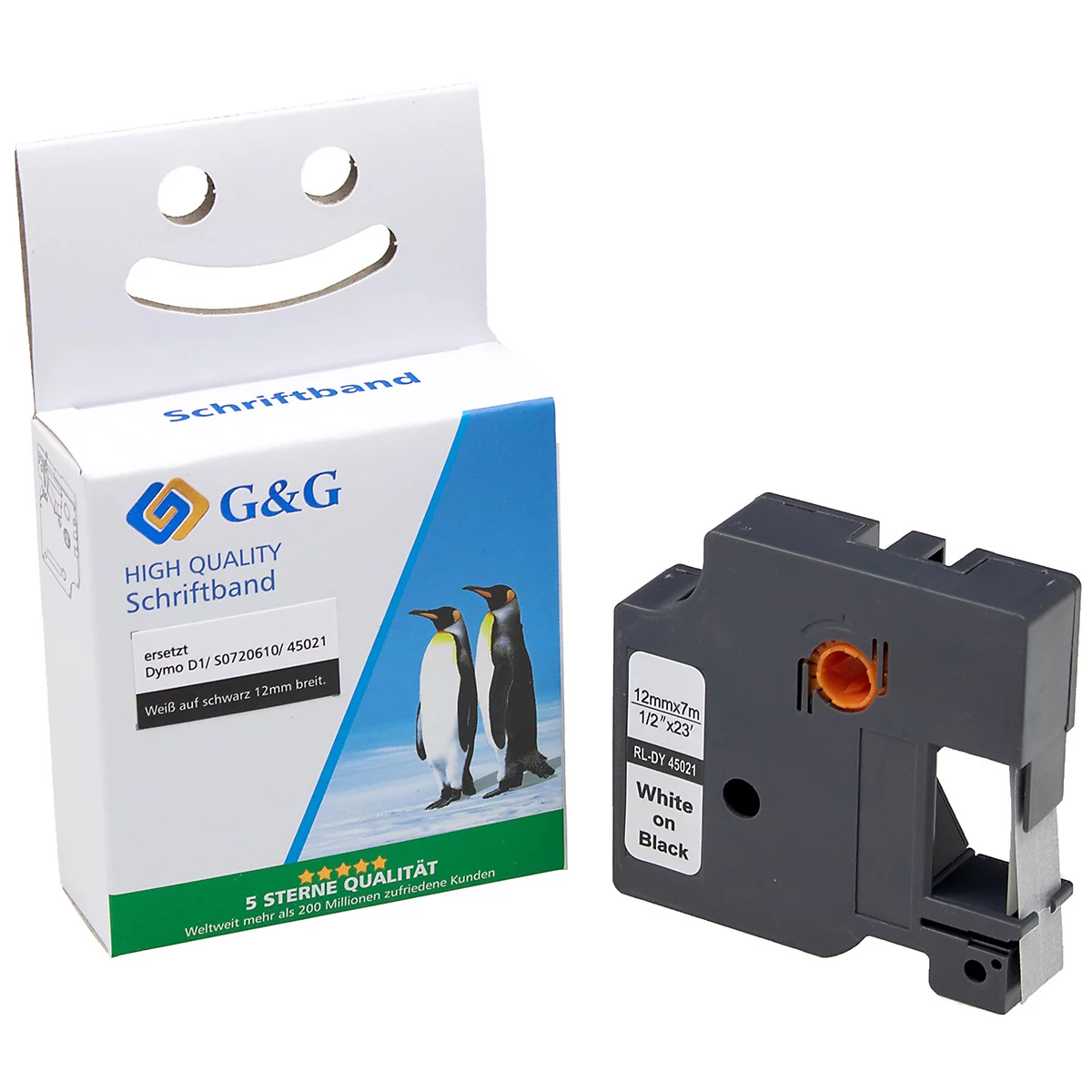 Ruban d'étiquettes et emballage. Impressions : G&G, ruban d'étiquettes, Blanc sur Noir. Sur l'emballage : pingouins.