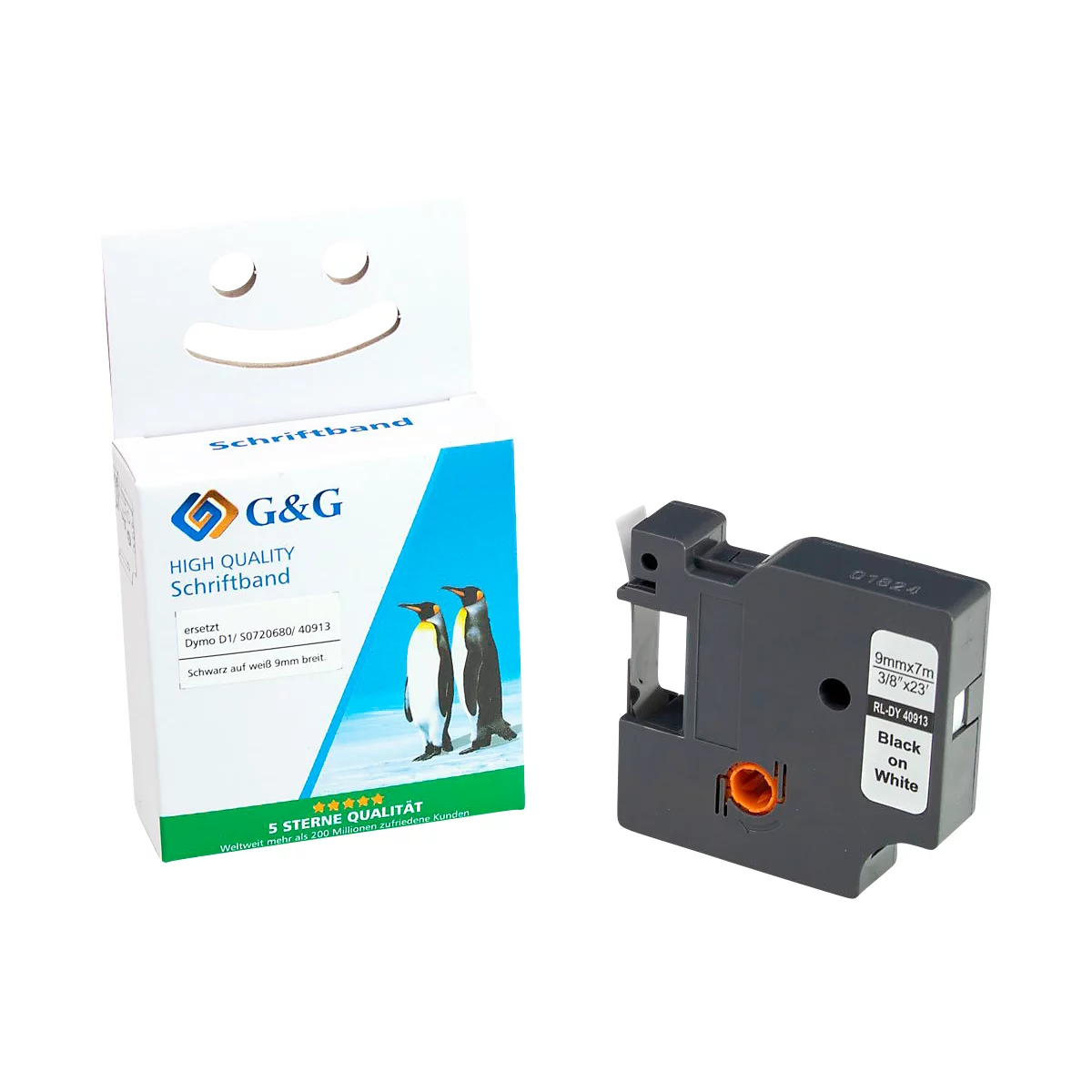 Paquet de ruban d'étiquettes avec des pingouins et une cassette d'étiquettes noire.