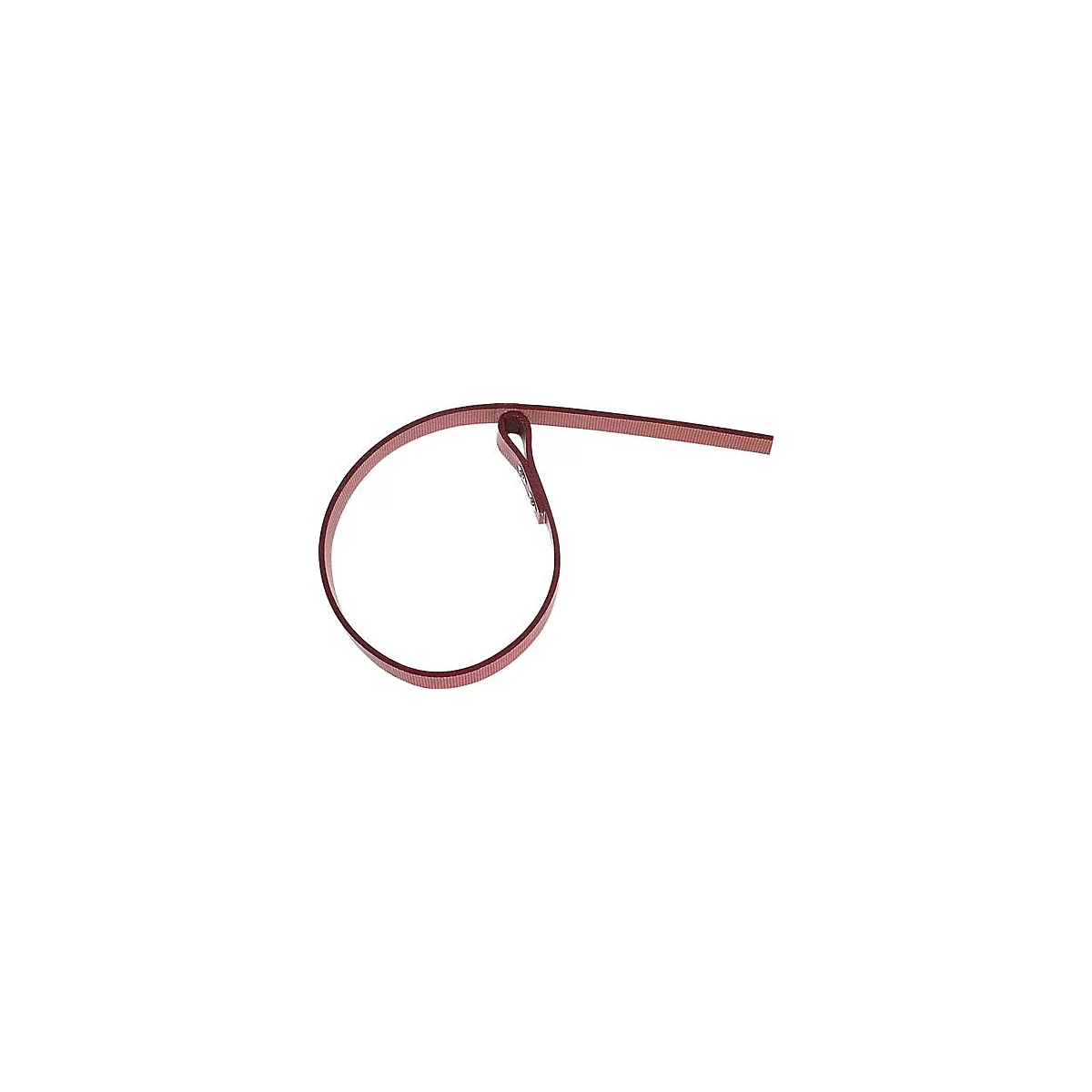 Sangle rouge en forme de boucle. La sangle est pliée et fixée avec une pièce métallique.