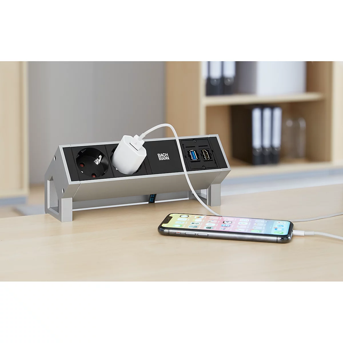 Bandeau de prises DESK 2, 2x Schuko, 1x HDMI 2.0, 1x USB 3.0, câble d'appareil 3 m, y compris les supports de fixation, L 197 x P 70 x H 90 mm
