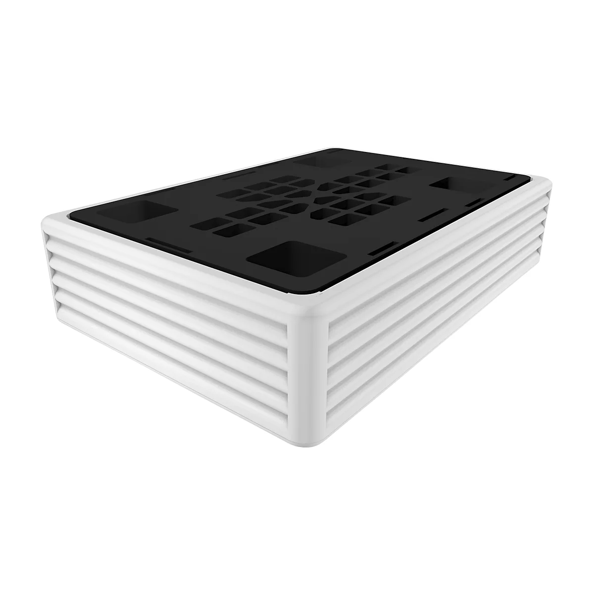 Producto blanco con parte superior negra, lados acanalados, forma angular.