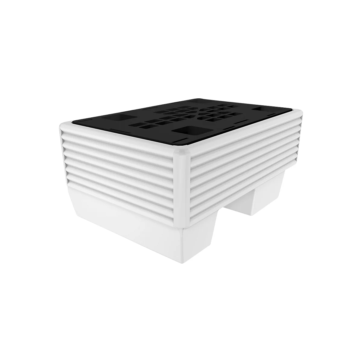 Dispositivo rectangular blanco con estructura lateral acanalada y parte superior rectangular negra con recortes.