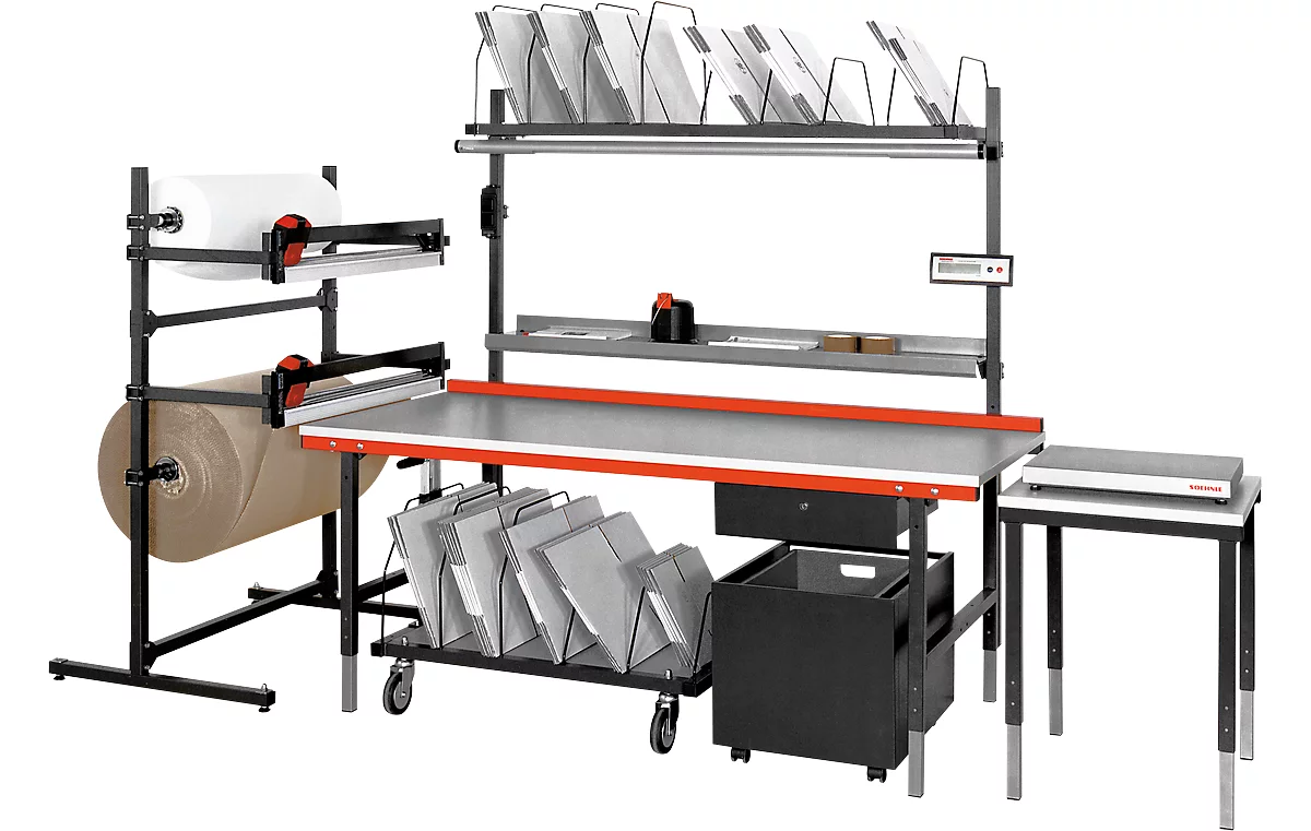 Bandeja para moldes de embalaje y mesa de trabajo Rocholz System 2000, regulable en altura, ancho 1630 x fondo 230 mm, chapa de acero, gris claro