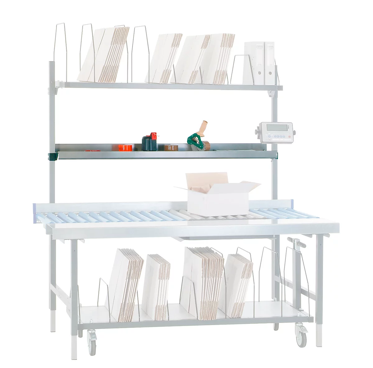 Bandeja para moldes de embalaje y mesa de trabajo Rocholz System 2000, regulable en altura, ancho 1630 x fondo 230 mm, chapa de acero, gris claro