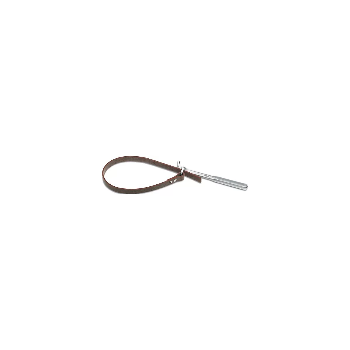 Een bruine lederen riem oliefiltersleutel met een zilverkleurig gereedschap.