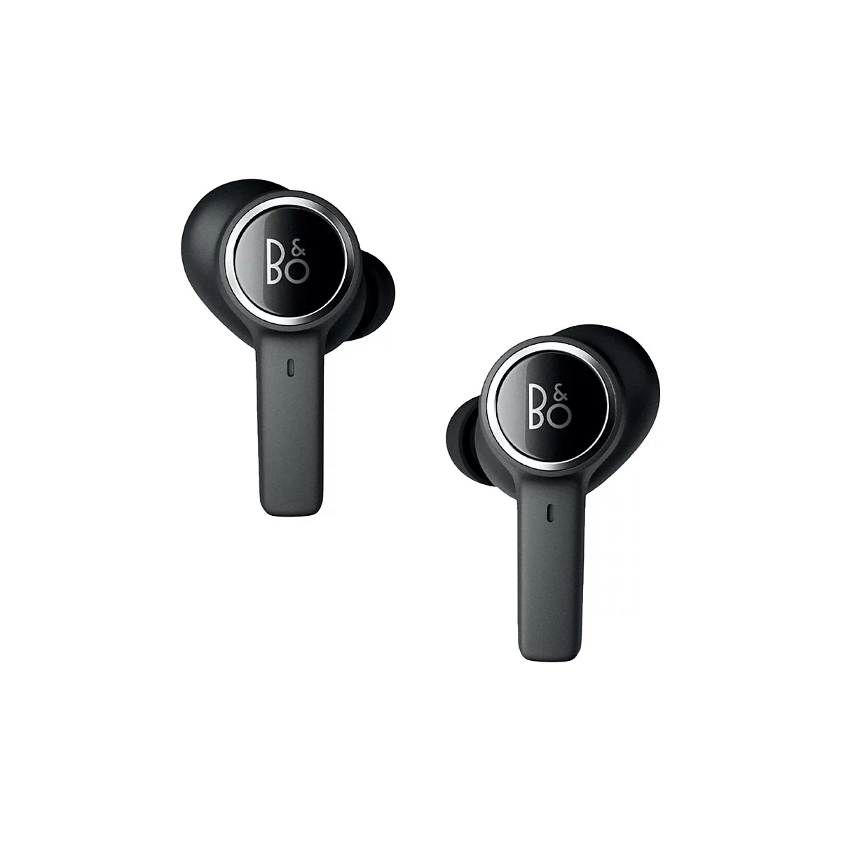 Deux écouteurs noirs. Le logo B&O avec des bordures argentées est visible sur les écouteurs.